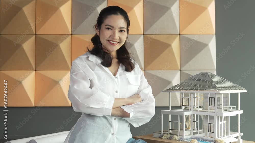 Poster portrait of professional architect engineer smiling looking at camera confidently with arm folded wh