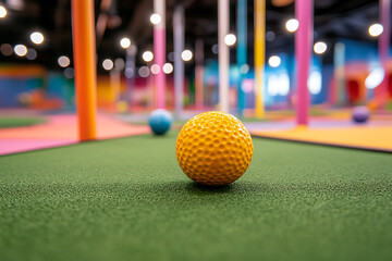 Vibrant indoor miniature golf course with a yellow ball in focus on green turf. The background features colorful obstacles and blurred lights.
