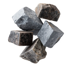 A meditative pile of shale and clay stones, composed with a thoughtful asymmetry that creates a sense of calm and balanced energy, even though it appears to float in space. The entire composition crea