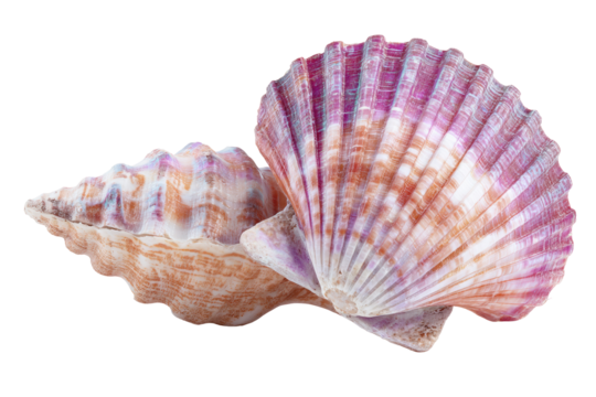 Two seashells, close-up.  Colorful, intricate patterns.  One is a spiral, the other a scallop.  Isolated on black