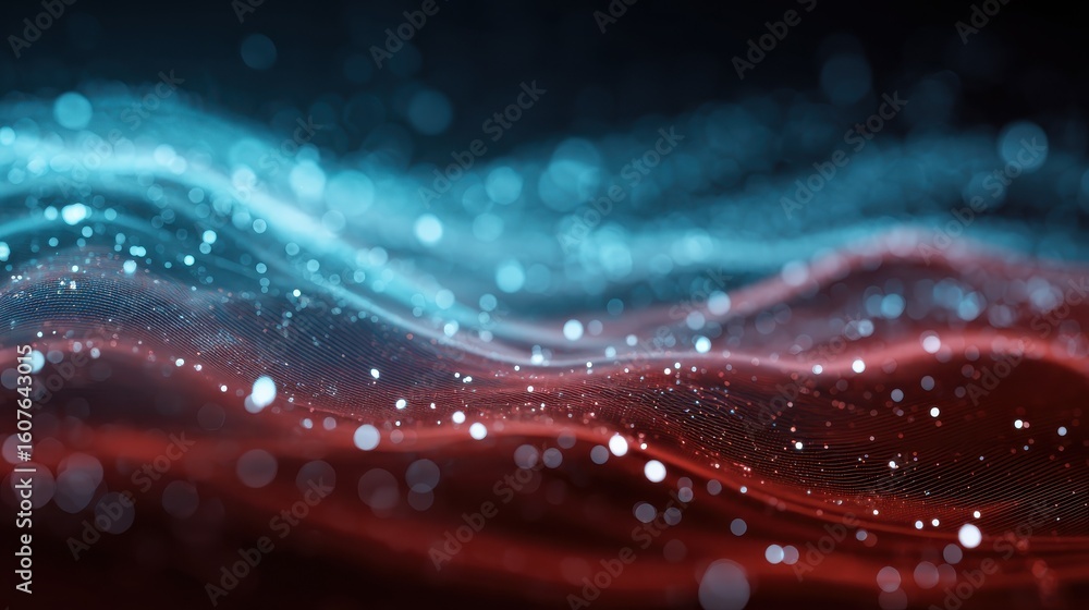 Poster digital light blue and light red particles wave and light abstract background with shining dots star