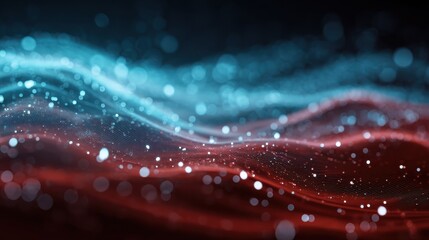 Digital light blue and light red particles wave and light abstract background with shining dots stars.