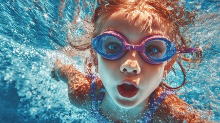 joyful girl kid learning to swim and dive underwater in pool. active lifestyle and swimming lessons for child on summer vacation