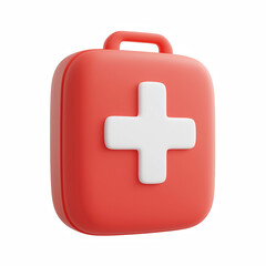 Obraz premium 3D cute red first aid kit with white cross, cartoon chubby style, isolated on transparent background