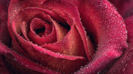 Detailed close-up of a red rose with water droplets on petals, showcasing its intricate beauty and texture.