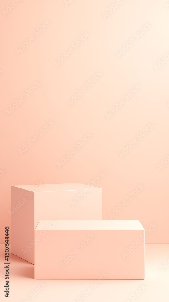 Poster monochromatic platforms for product display. two peach-colored cubes present a blank canvas. soft ba