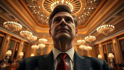 Close up portrait of businessman, wearing grey suit with crimson tie, white shirt, in conference room 5 star hotel. JPEG, 4.1MB, 16x9in, 4800x2700px, 300p/i
