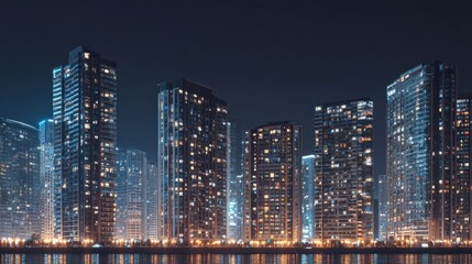 Fototapeta premium Modern urban residential complex with illuminated buildings at night showcasing contemporary architecture and city skyline