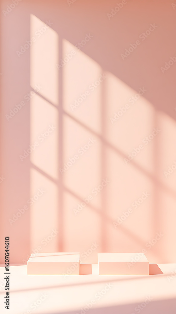 Poster minimalist peach studio backdrop. two blocks sit on a peach surface with a light peach wall behind, 