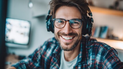 technology, gaming, entertainment, let's play and people concept - happy smiling young man in eyeglasses with headset playing computer game at home and streaming playthrough or walkthrough video, no 