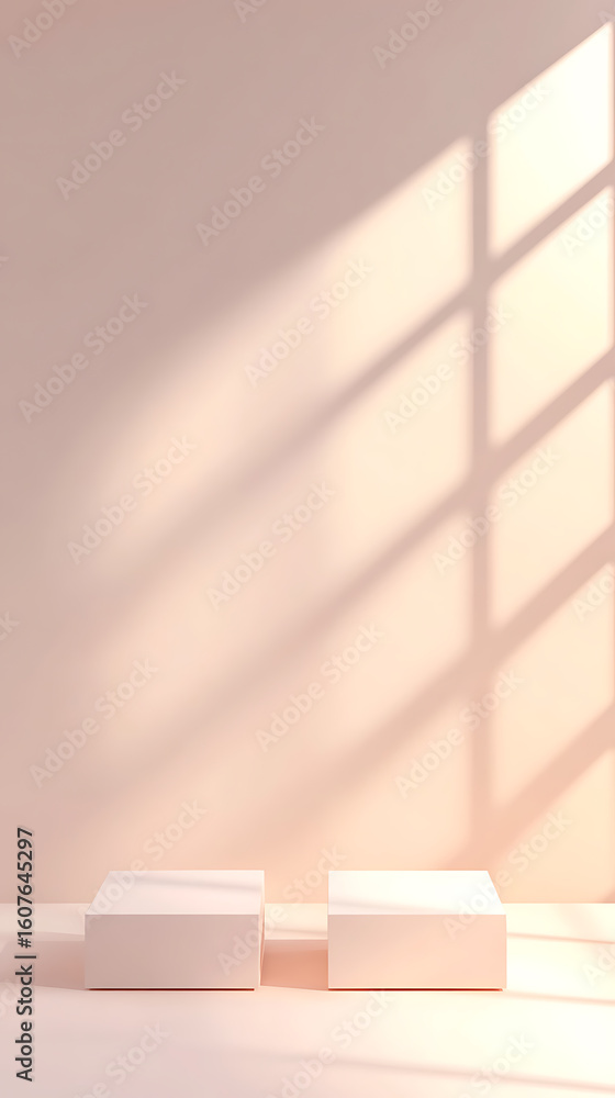 Aufkleber minimalist presentation scene with light-filled backdrop. two square plinths, soft gradient backgrou