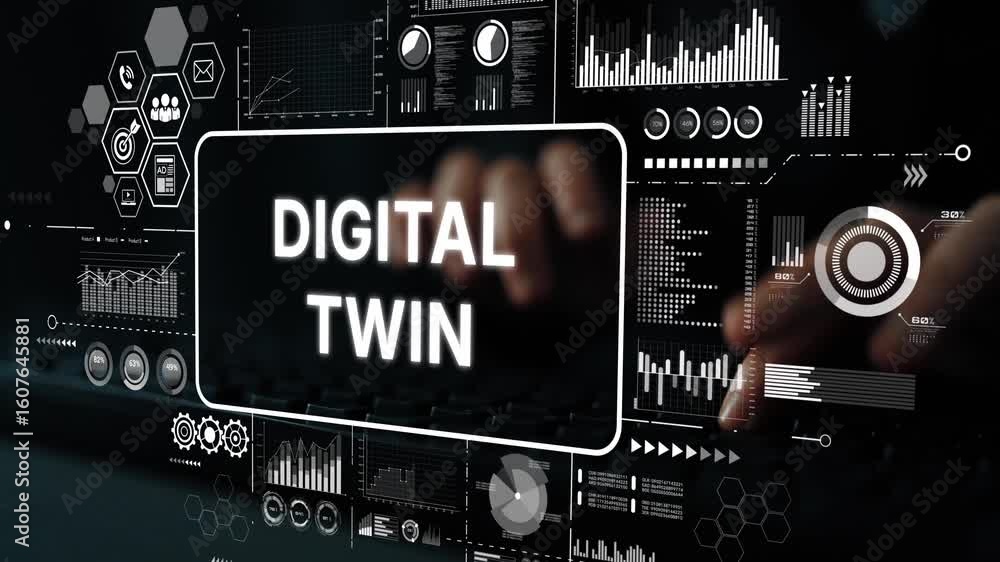 Poster futuristic concept of digital twin technology with hands on keyboard and data visualizations in back