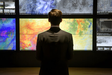 Man in suit analyzes complex data on multiple screens in a modern control room