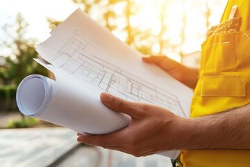 Architect reviewing blueprints on a construction site