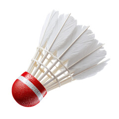 Red and white badminton racket with white feathers