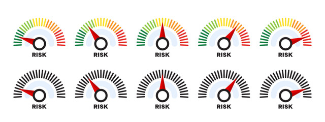 Risk meter icon set. Scale Low, Medium or High risk