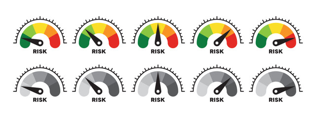 Risk meter icon set. Risk concept on speedometer