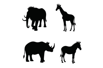 Silhouette illustration featuring an elephant giraffe rhino and zebra in a black and white design