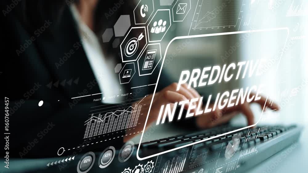 Poster hands typing on keyboard with digital graphics illustrating predictive intelligence concepts and dat