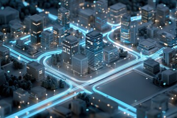 Futuristic Transit City with Neon Light Trails