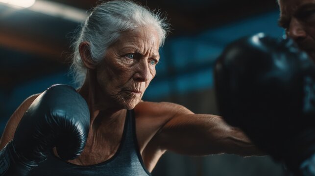 portrait of a beautiful senior woman boxing with her trainer in a professional gym. wears boxing gloves and athletic wear, with determination and strength in her expression.