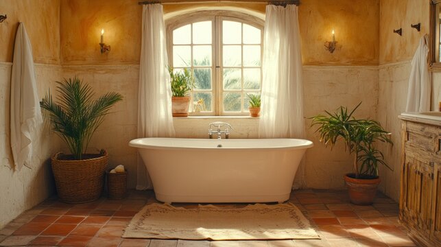 Sunny, rustic bathroom with a large soaking tub, natural light, and tropical plants