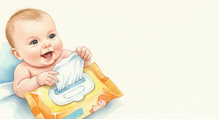 baby pulling wipes from package. Happy child playing with baby wipes on soft surface at home  