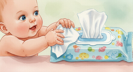 baby pulling wipes from package. child reaching for wipes with cheerful expression on pastel background  