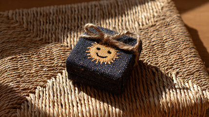 Obraz premium Dark fabric box with embroidered smiling sun tied with twine on woven mat image