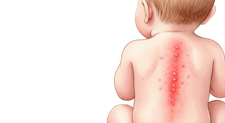 Baby with red rash on back sitting against white background