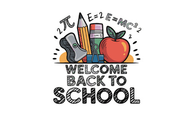 Scalable modern vector illustration based on a welcome back-to-school theme, Welcome Back to school horizontal banner, doodle on checkered paper background, easily editable.