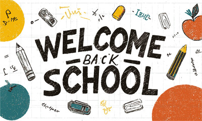 Scalable modern vector illustration based on a welcome back-to-school theme, Welcome Back to school horizontal banner, doodle on checkered paper background, easily editable.