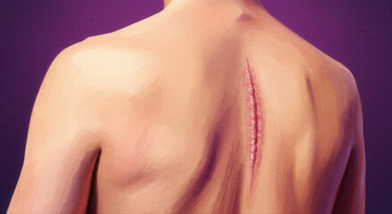 Human back with visible healing scar against purple background  