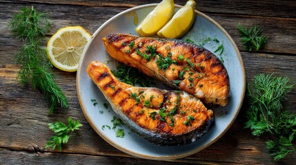fresh salmon fried fish in a plate grilled seafood omega ready to eat on the table for healthy meal snack outdoor top view copy space food background rustic image pescetarian diet, no logos, no brand
