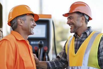 Two construction workers laughing together on a worksite