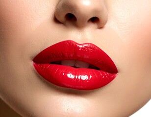 Obraz premium Close-up of woman's lips, vibrant red glossy lipstick