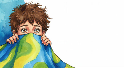 Young boy hiding under colorful blanket scared with anxious expression  