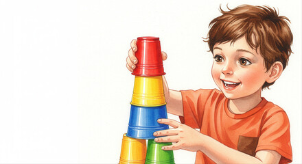 Young boy stacking colorful plastic cups with excitement indoors  