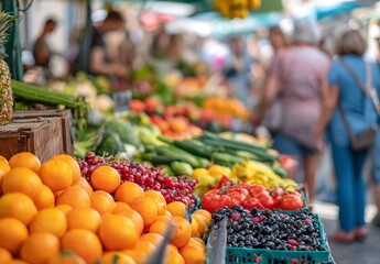 Obraz premium Colorful Outdoor Market Stall Featuring Fresh Oranges and Variety of Fruits and Vegetables with Shoppers