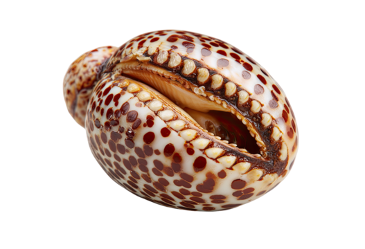 Close-up of a speckled seashell, oval shape, with intricate brown and cream patterns.  The shell's inner sections are visible, displaying a detailed texture