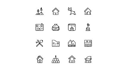 Real estate and outdoor living line icons for website or app design feature home, landscaping, pets, and leisure activities in a modern style