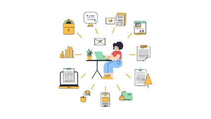 Empowered woman managing business tasks and data from laptop, surrounded by digital tools, workflow efficiency and productivity solutions