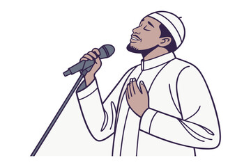 Man with backpack and rolled sleeping bag points towards a patterned rug on the ground