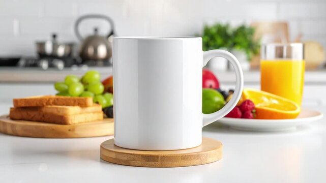 White coffee mug mockup on a wooden coaster with a healthy breakfast in a bright kitchen. Fresh fruits, orange juice, and toast are visible on the table, creating a vibrant morning scene.