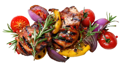 Grilled chicken and vegetables, top view