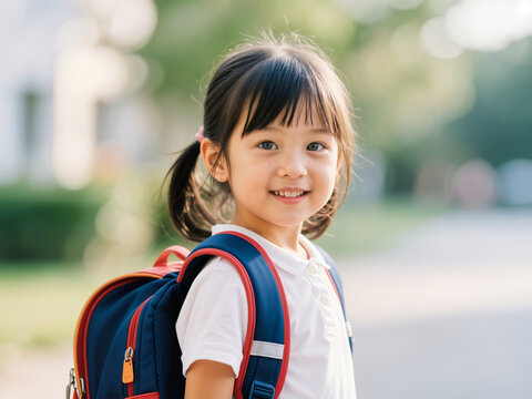 Young schoolgirl with twin ponytails smiling outdoors in white polo and red-blue backpack, soft background with trees and path
