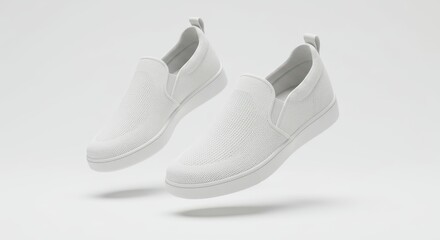 Minimalist White Slip-On Sneakers Floating on Clean Background, Modern Footwear Design