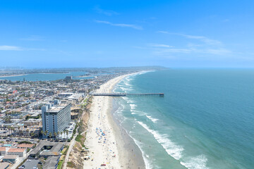 Aerial view of Pacific Beach and Ocean in San Diego during summer, South California. USA.