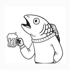 Amused Cartoon Fish in Sweater Holding Frothy Beer Mug - Humorous Aquatic Character Design