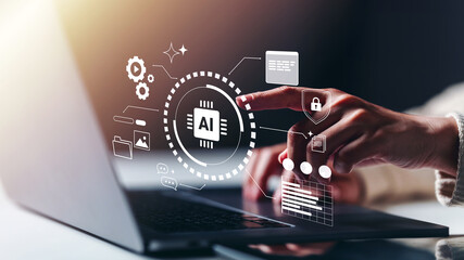 AI assistants support human artificial for data analysis Intelligence technology, woman pointing AI...